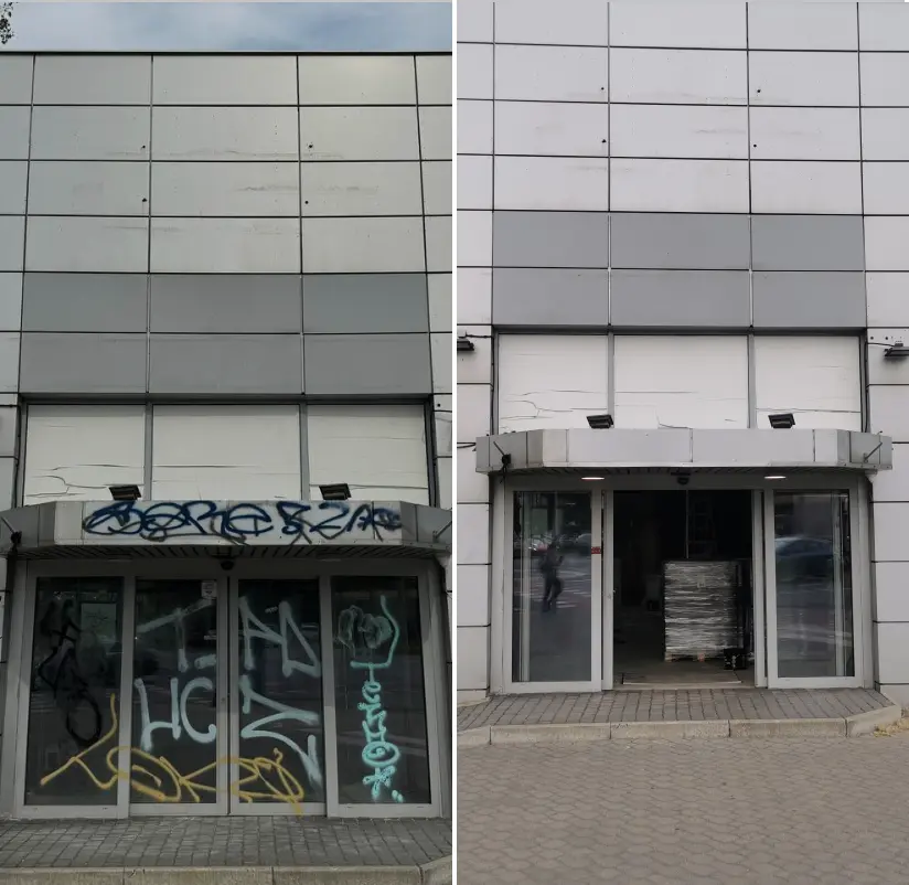 Czyszczenie graffiti z rolet i drzwi wejściowych